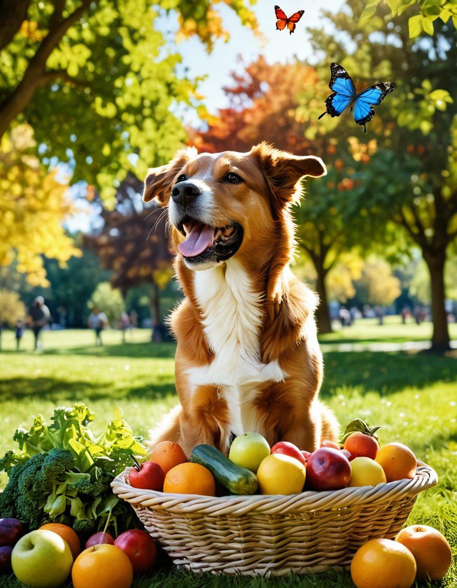 A vibrant scene of a happy, healthy dog playing in a sunlit park, surrounded by a basket of colorful fruits and vegetables representing nutrition. In the background, a gentle veterinarian speaks to a pet owner, emphasizing preventive care. Include a cheerful sunshine and a few playful butterflies to symbolize vitality and wellness. Illustrate a diverse array of dog breeds enjoying their outdoor time together. vibrant colors. super-realistic. bright background.