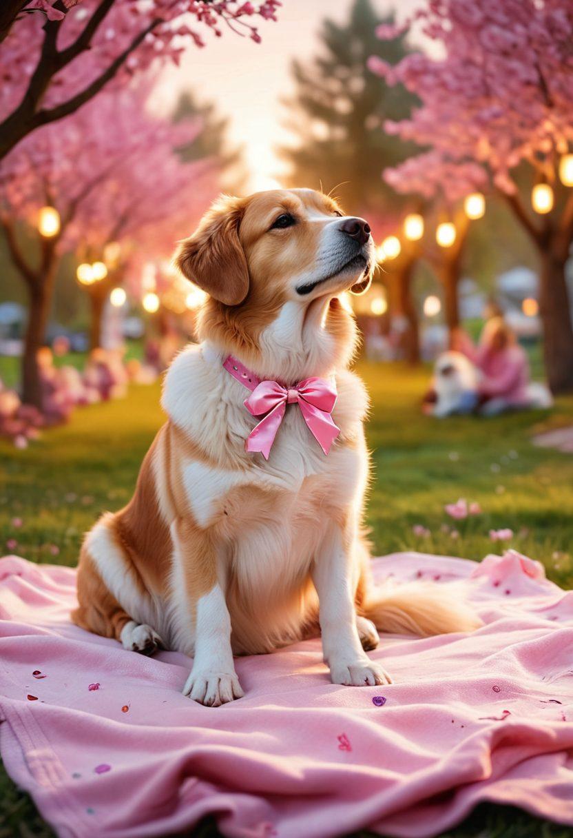 A heartwarming scene featuring a gentle dog resting on a cozy blanket, surrounded by symbols of hope such as pink ribbons and soft, glowing lights. Include a veterinarian softly interacting with the dog, showcasing care and compassion. In the background, a serene park setting with blooming flowers and supportive people holding hands, representing community. The atmosphere should evoke feelings of love and resilience. super-realistic. vibrant colors. soft-focus.